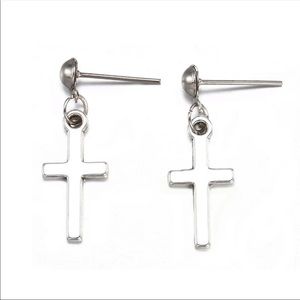 Silver Cross Pendant Drop Earring Set